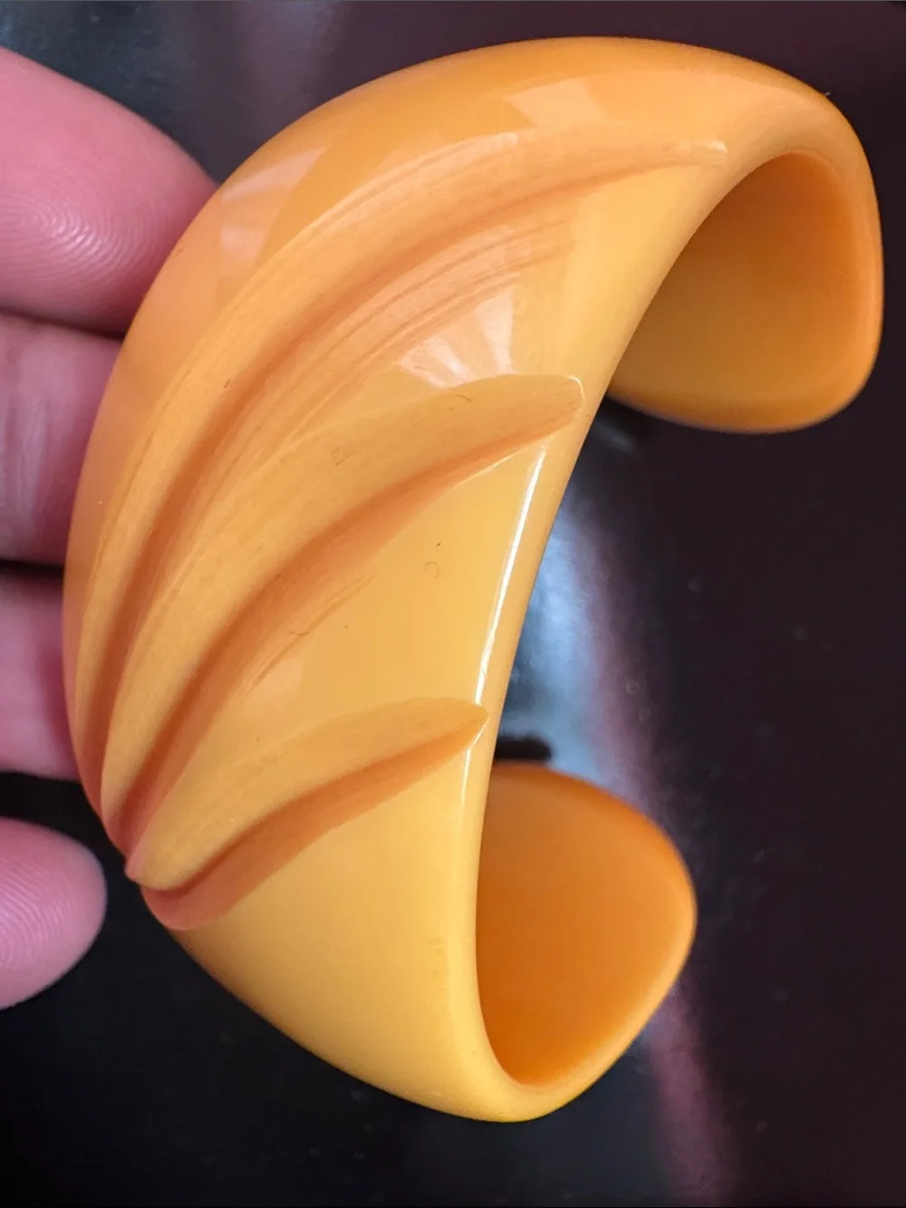 Yellow Carved Bakelite Cuff Bracelet